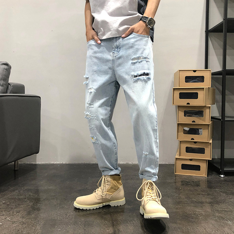 2022 Spring/Autumn new men's straight-leg loose trendy brand ripped patch 9-point light-colored casual Harem jeans Specification image